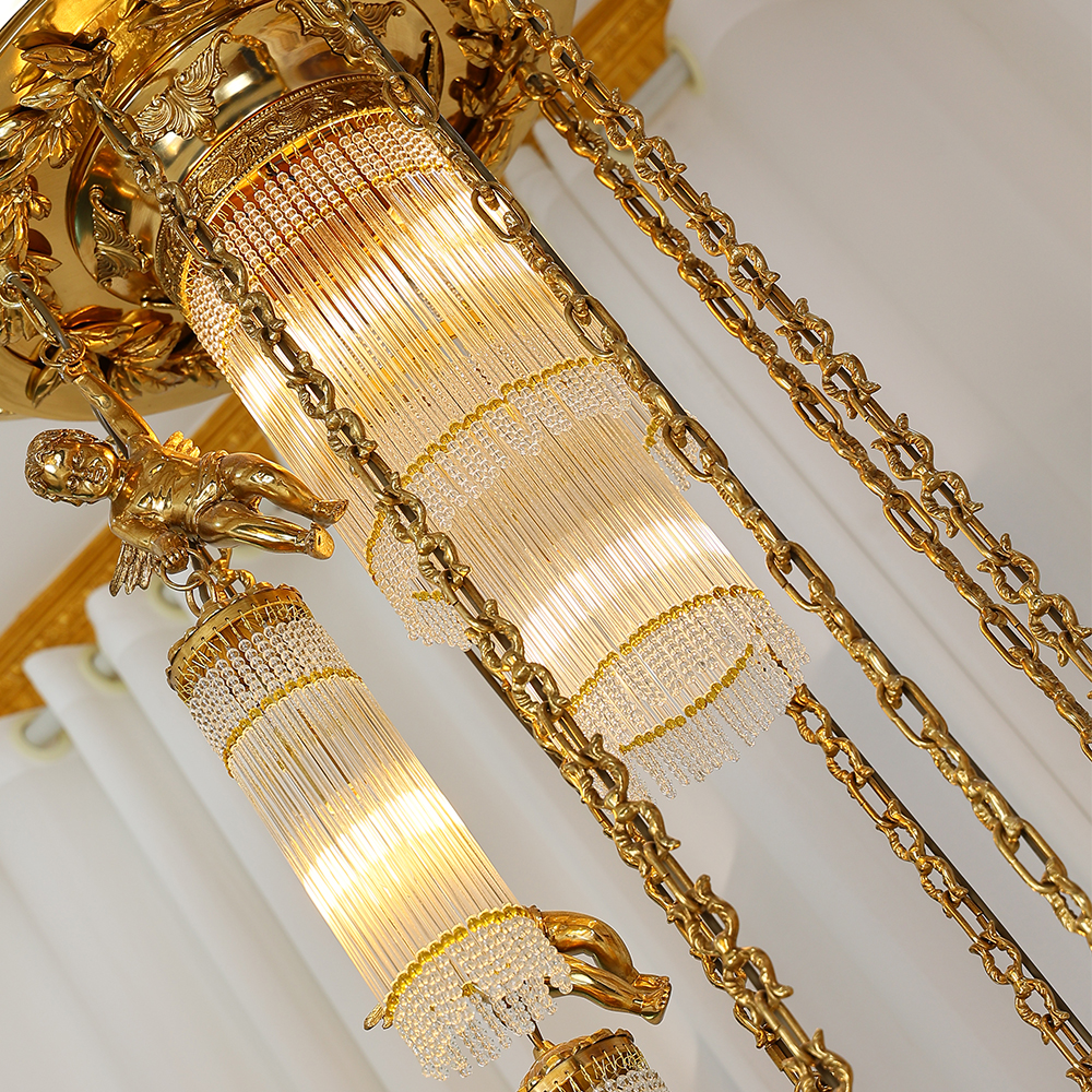 Luxury Flush Mounted 138 Inch Long Antique Brass Angels Chandelier for Staircase-铜灯-Jecanoli