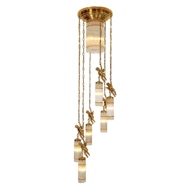 Luxury Flush Mounted 138 Inch Long Antique Brass Angels Chandelier for Staircase-铜灯-Jecanoli