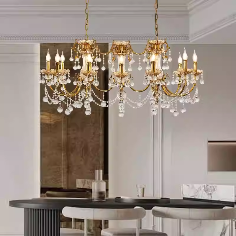 12 Lights 50 Inch Linear Traditional Gold Brass and Crystal Chandelier for Dining Room-铜灯-Jecanoli