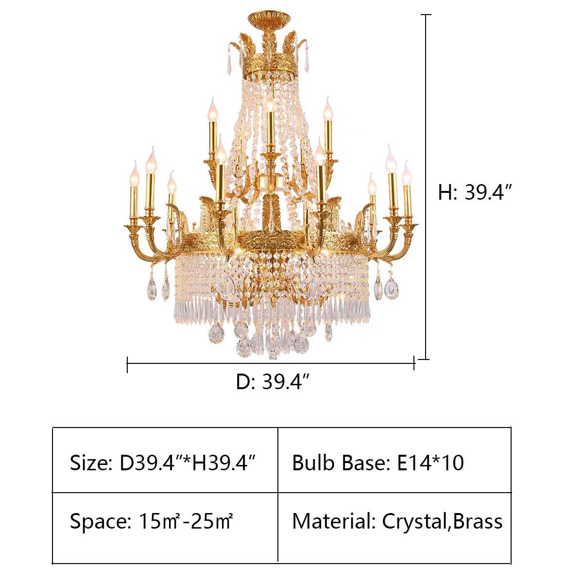 1 layer: D39.4*H39.4" Large Oversized Luxury Golden Metal Brass Candle Crystal Tassel Chandelier For High-ceiling Staircase/Entryway/Hallway/Living/Meeting Room
