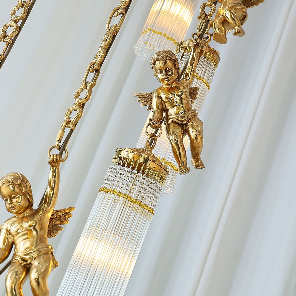 Luxury Flush Mounted 138 Inch Long Antique Brass Angels Chandelier for Staircase-铜灯-Jecanoli