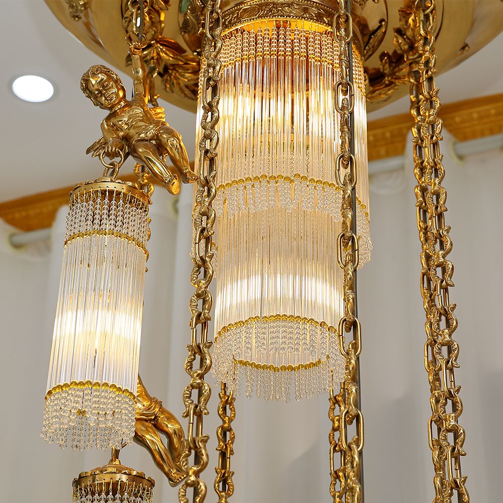 Luxury Flush Mounted 138 Inch Long Antique Brass Angels Chandelier for Staircase-铜灯-Jecanoli