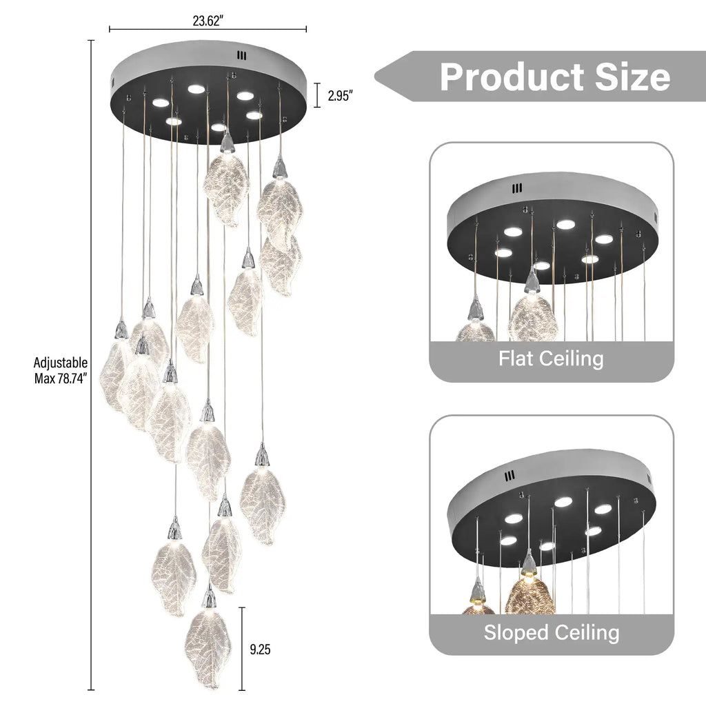 Silver Bionic Leaf 20-Light LED Chandelier for High Ceilings