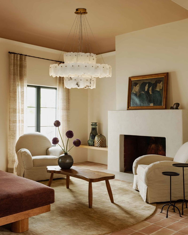 3-Tier Stairwell Alabaster Disk Chandelier with Long Cord