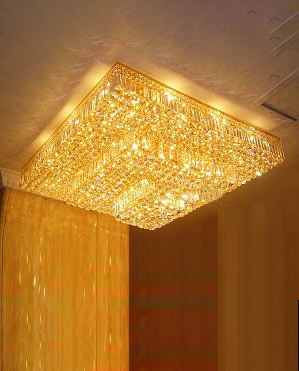 47 Inch 3 Tiers Big Square Flush Mounted Chandelier Gold Crystal Chandelier-大吊灯-Jecanoli