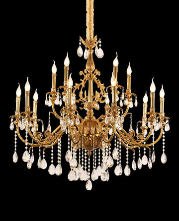 43X39 Inch 15 Lights Two-tier Traditional Brass and Crystal Chandelier for Living Room-铜灯-Jecanoli
