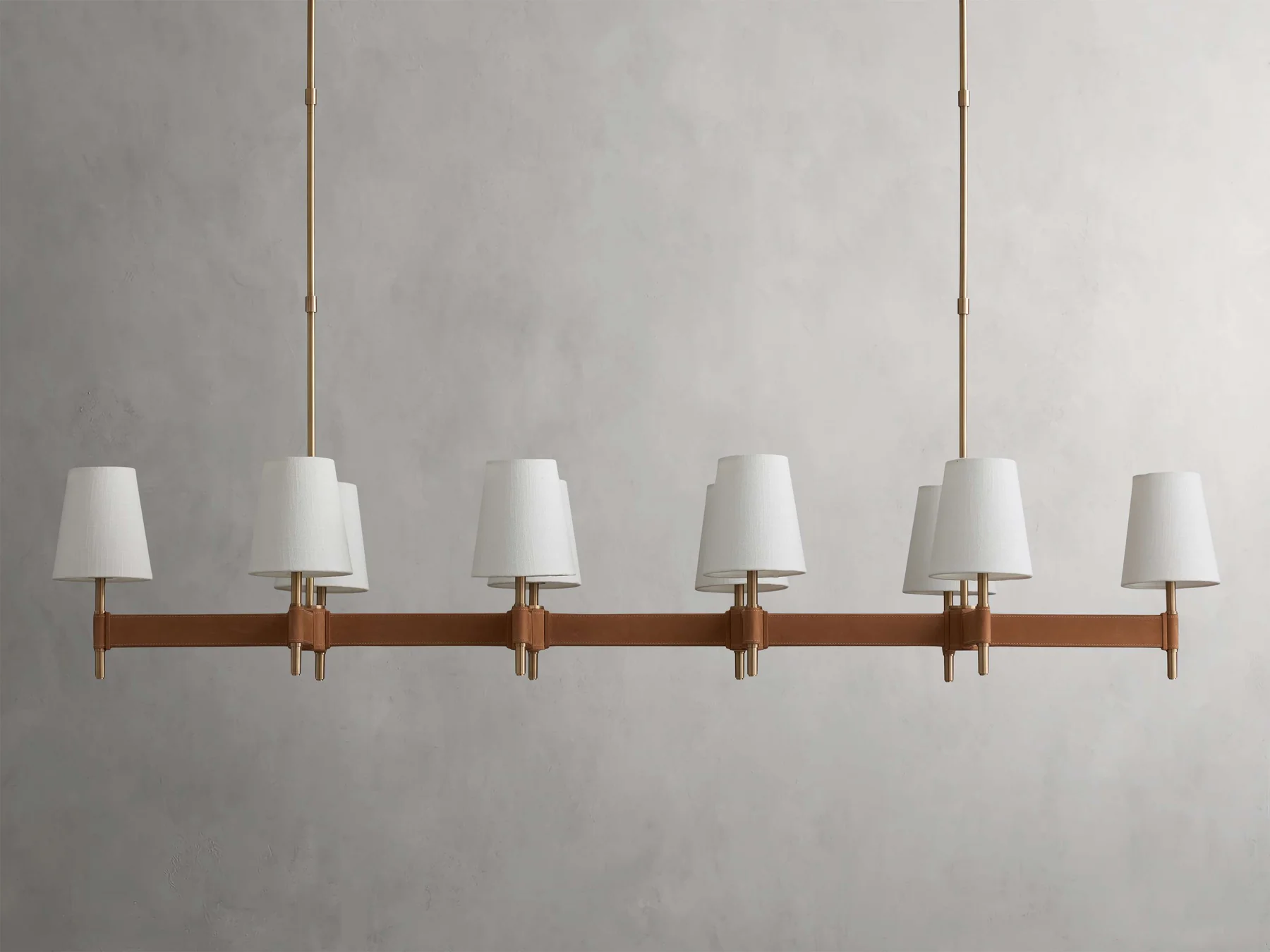 Hastings Linear Brass & Leather Mid-Century 6-10 Light Chandelier
