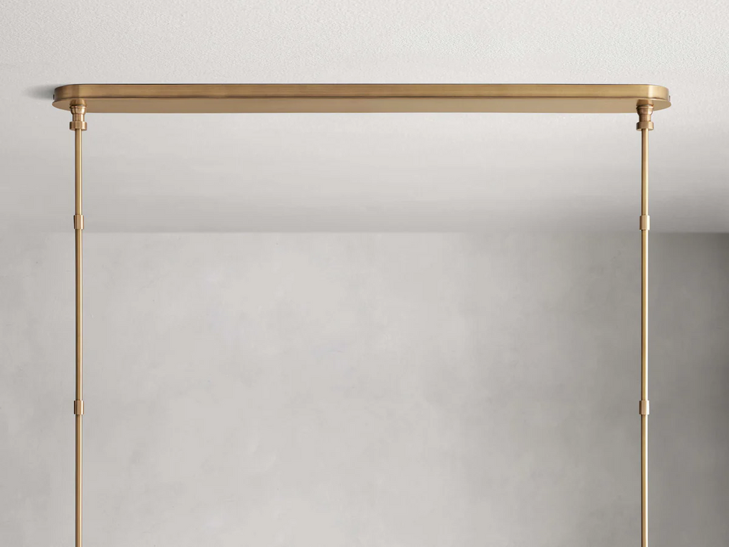 Hastings Linear Brass & Leather Mid-Century 6-10 Light Chandelier
