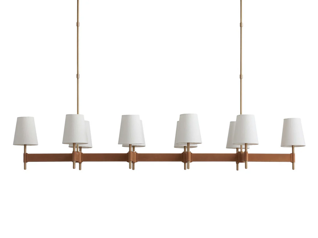 Hastings Linear Brass & Leather Mid-Century 6-10 Light Chandelier