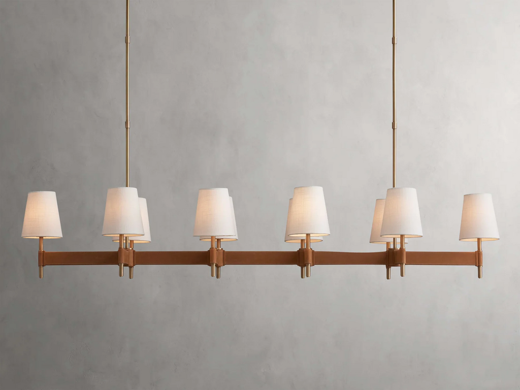 Hastings Linear Brass & Leather Mid-Century 6-10 Light Chandelier