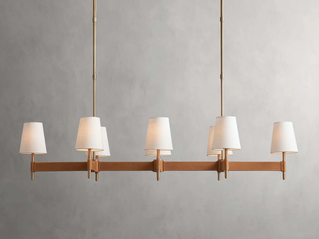 Hastings Linear Brass & Leather Mid-Century 6-10 Light Chandelier