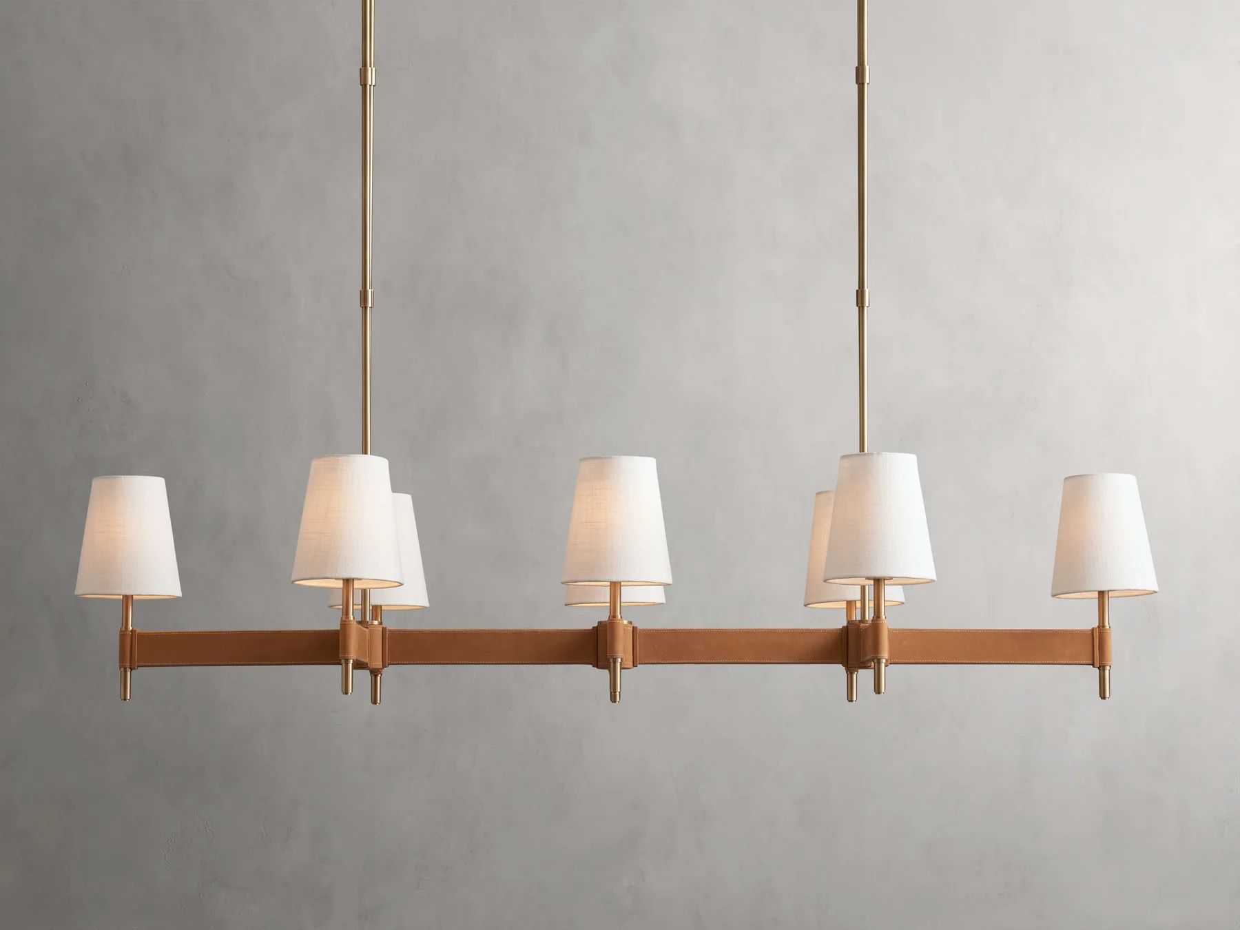 Hastings Linear Brass & Leather Mid-Century 6-10 Light Chandelier