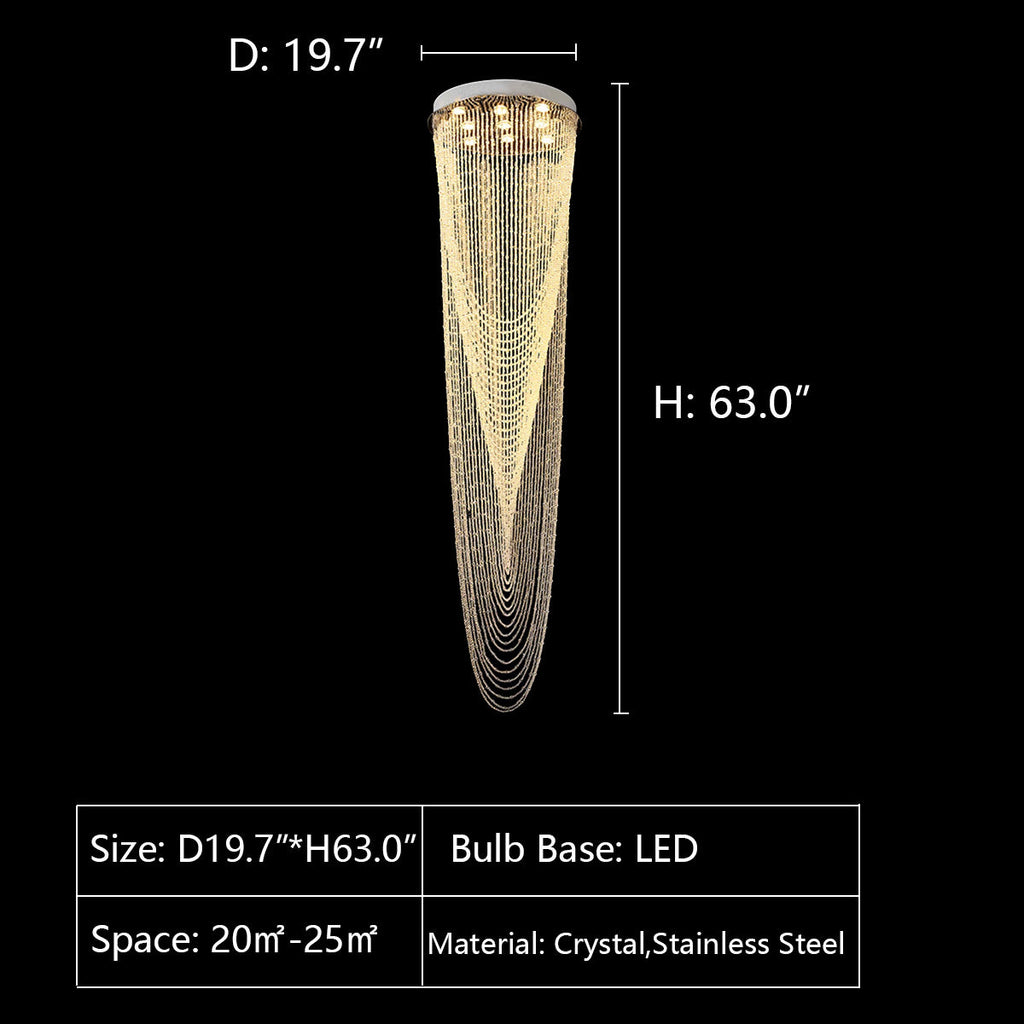 D19.7"*H63.0" chandelier,chandeliers,extra large,large,oversize,big,huge,waterfall,tassel,cone,stairs,loft,foyer,villa,silver,chrome,flush mount,ceiling,round
