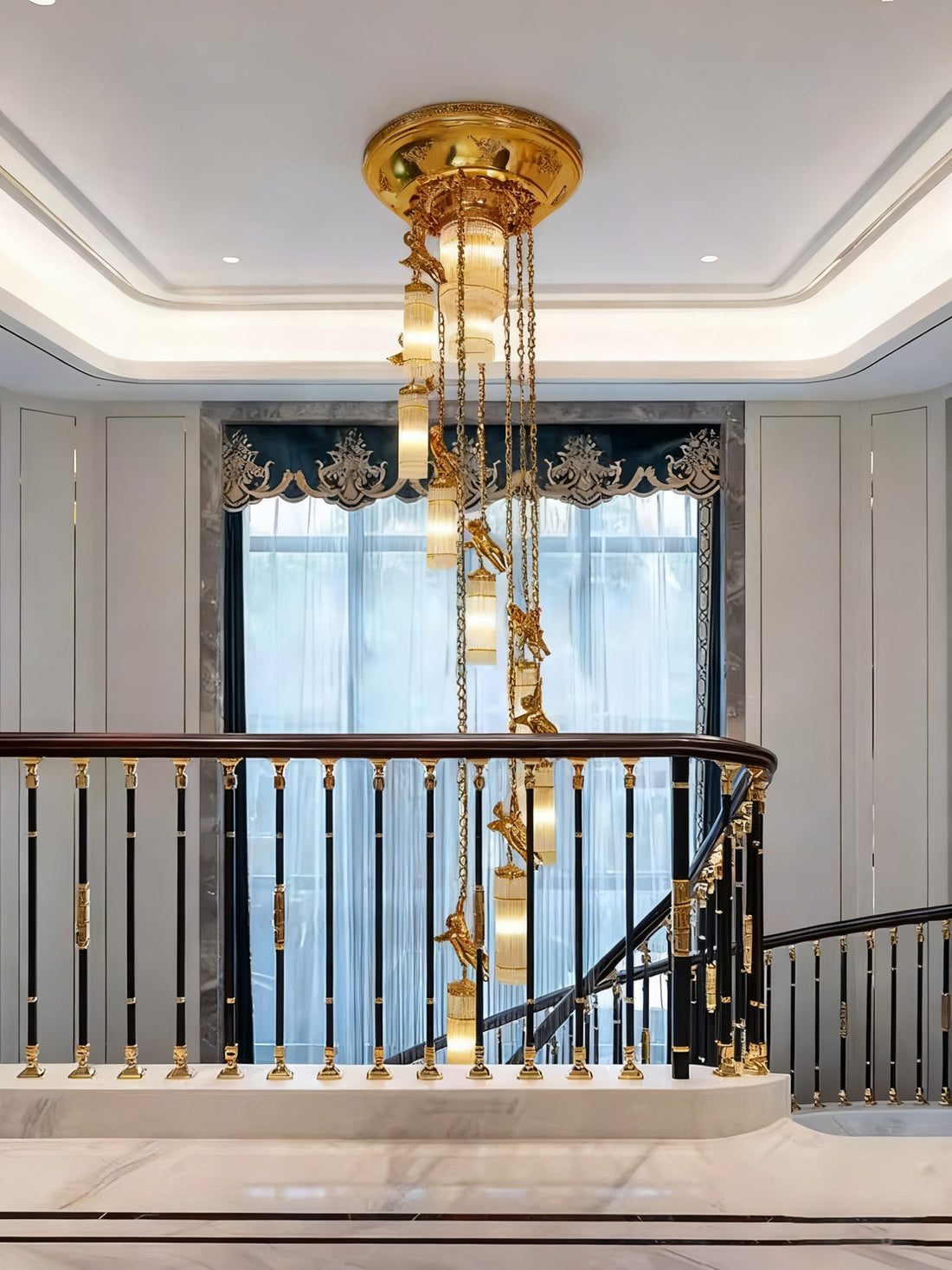 Luxury Flush Mounted 138 Inch Long Antique Brass Angels Chandelier for Staircase-铜灯-Jecanoli
