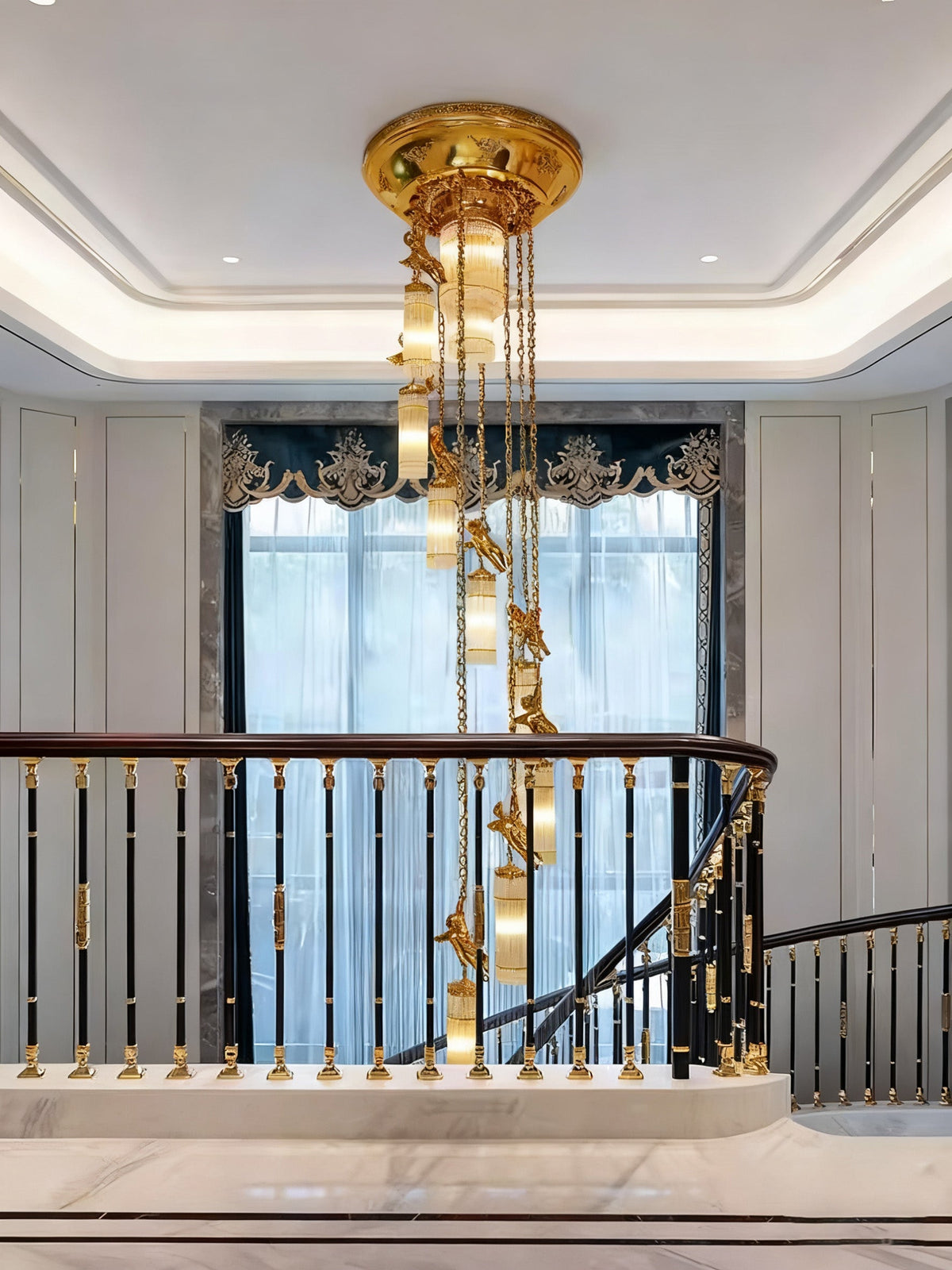Luxury Flush Mounted 138 Inch Long Antique Brass Angels Chandelier for Staircase-铜灯-Jecanoli