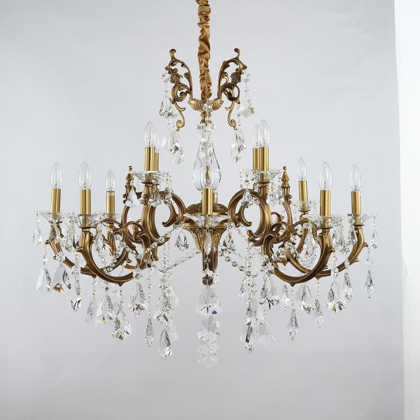 37X31 Inch 12-Light Candle Style Antique Brass Crystal Chandelier – Ideal for Dining Room & Foyer High Ceilings-铜灯-Jecanoli