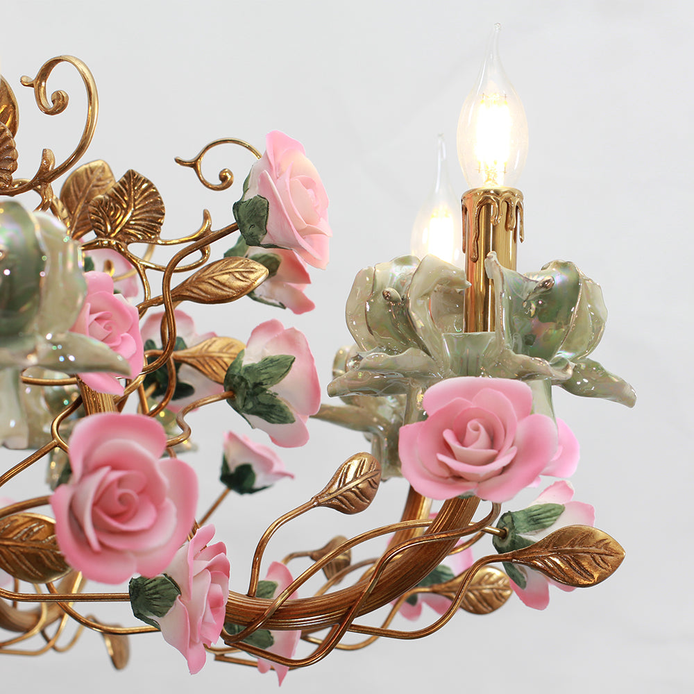 35X24 Inch 8 Lights Brass Chandelier and Green & Pink Porcelain Flower Chandelier-铜灯-Jecanoli