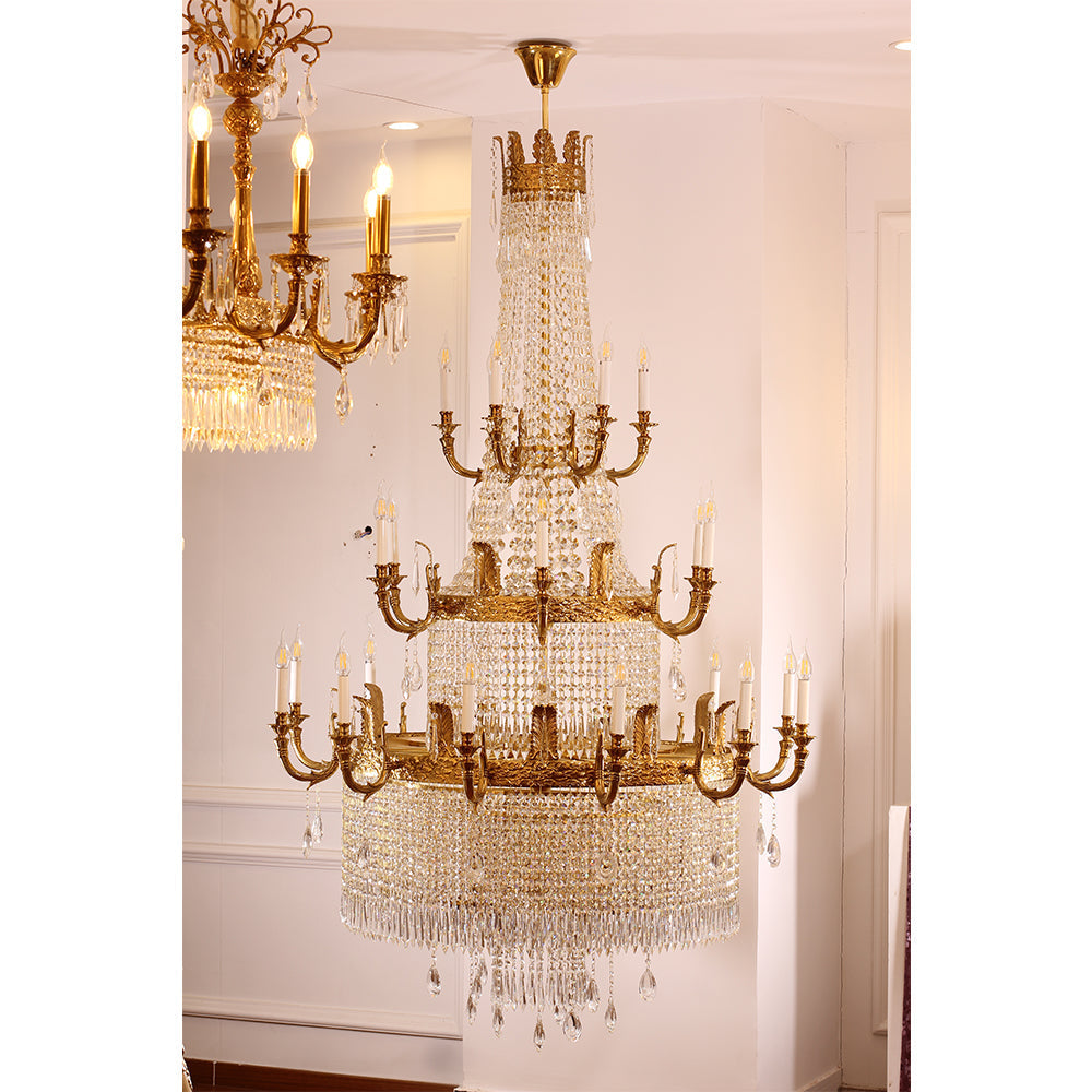 Grand 49'' W x 79'' H Three Tier French Empire Chandelier – Antique Brass & Crystal for Foyer Double Height Ceiling Living Room-铜灯-Jecanoli