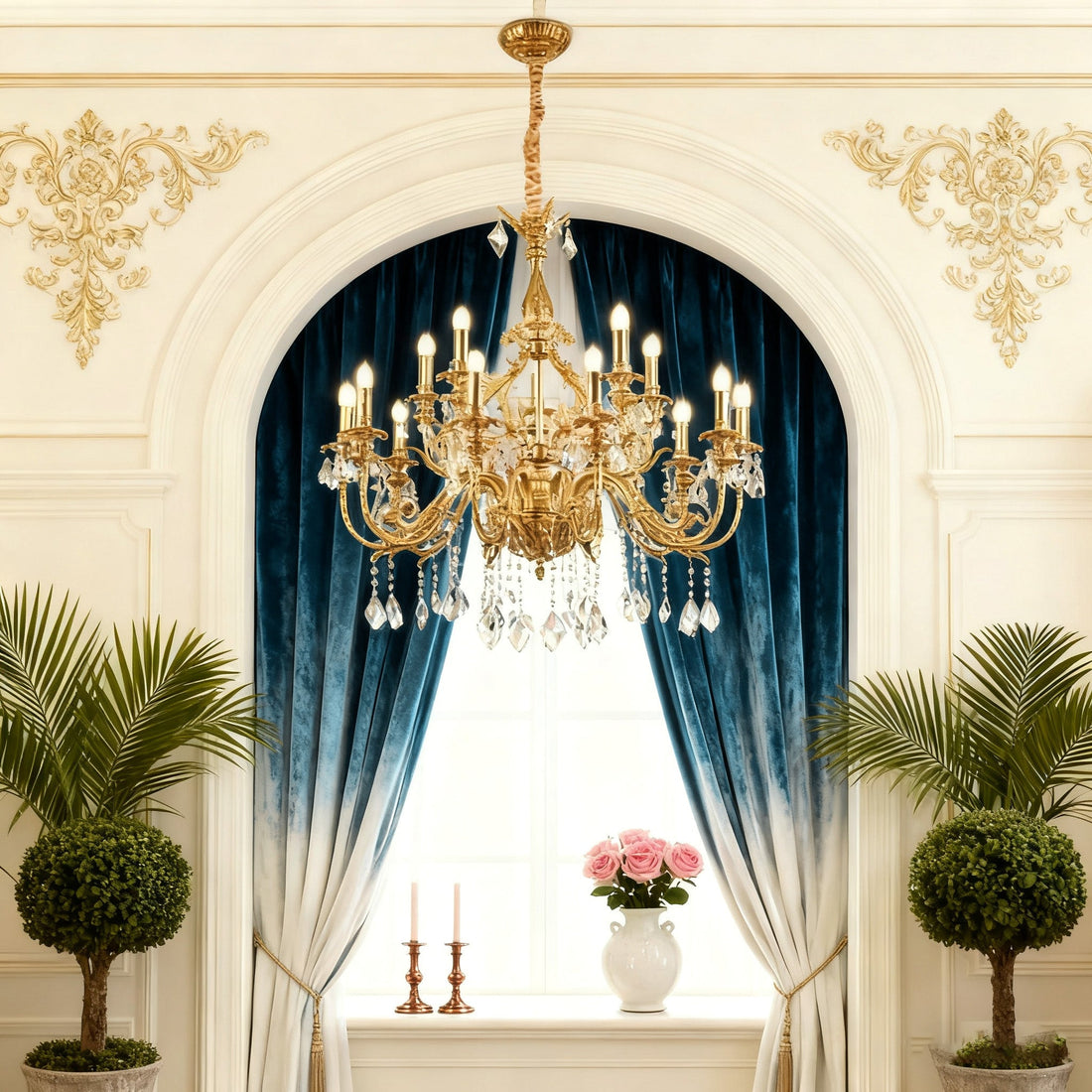 43X39 Inch 15 Lights Two-tier Traditional Brass and Crystal Chandelier for Living Room-铜灯-Jecanoli