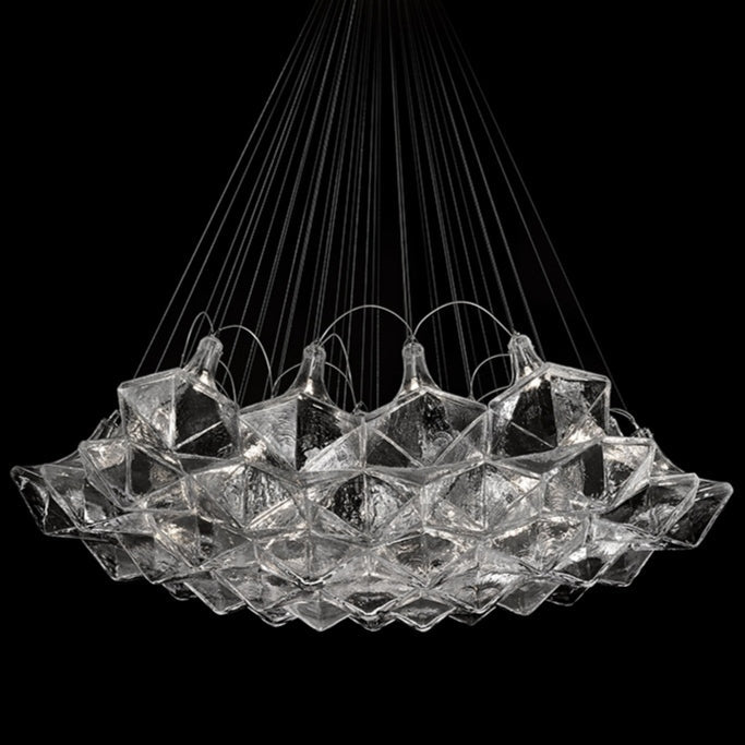 chandelier,chandeliers,glass,metal,big table,long table,big,huge,oversize,extra large,large,dining table,stairs,clear,Facet Chandelier,by Moritz Waldemeyer for Lasvit,Facet Sculpture Cluster Pendant Light