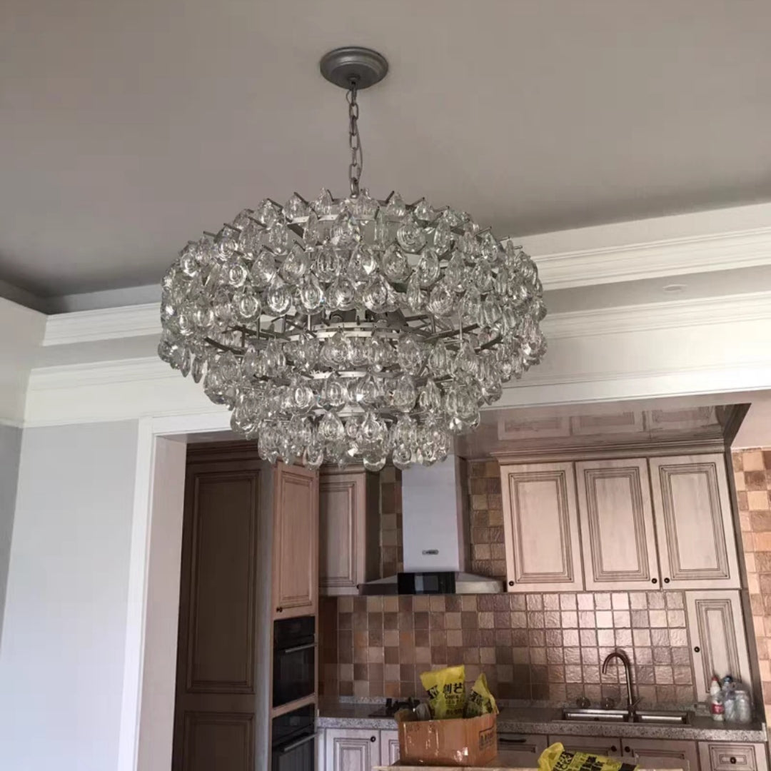 crystal,chandelier,chandeliers,brass,metal,gold,chrome,silver,raindrop,kitchen island,layers,multi-tier