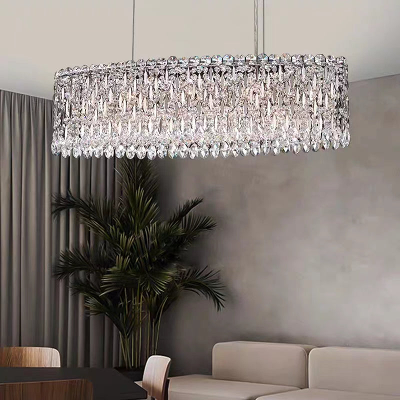 Sarella Oval Linear Suspension,chandelier,chandeliers,crystal,luxury,light luxury,modern,long table,big table,dining table,kitchen island,dining bar,kitchen bar,bar,living room,dining room,study,stainless steel