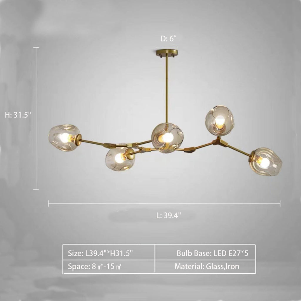 5Heads: L39.4"*H31.5" Gaia 5 - Light Sputnik Modern Linear Chandelier,chandelier,chandeliers,glass,metal,iron,cup,branch,fashion,trendy,multi-head,pendant,extra large,oversize,large,huge,big,long table,big table,kitchen island,kitchen bar,dining table,dining bar