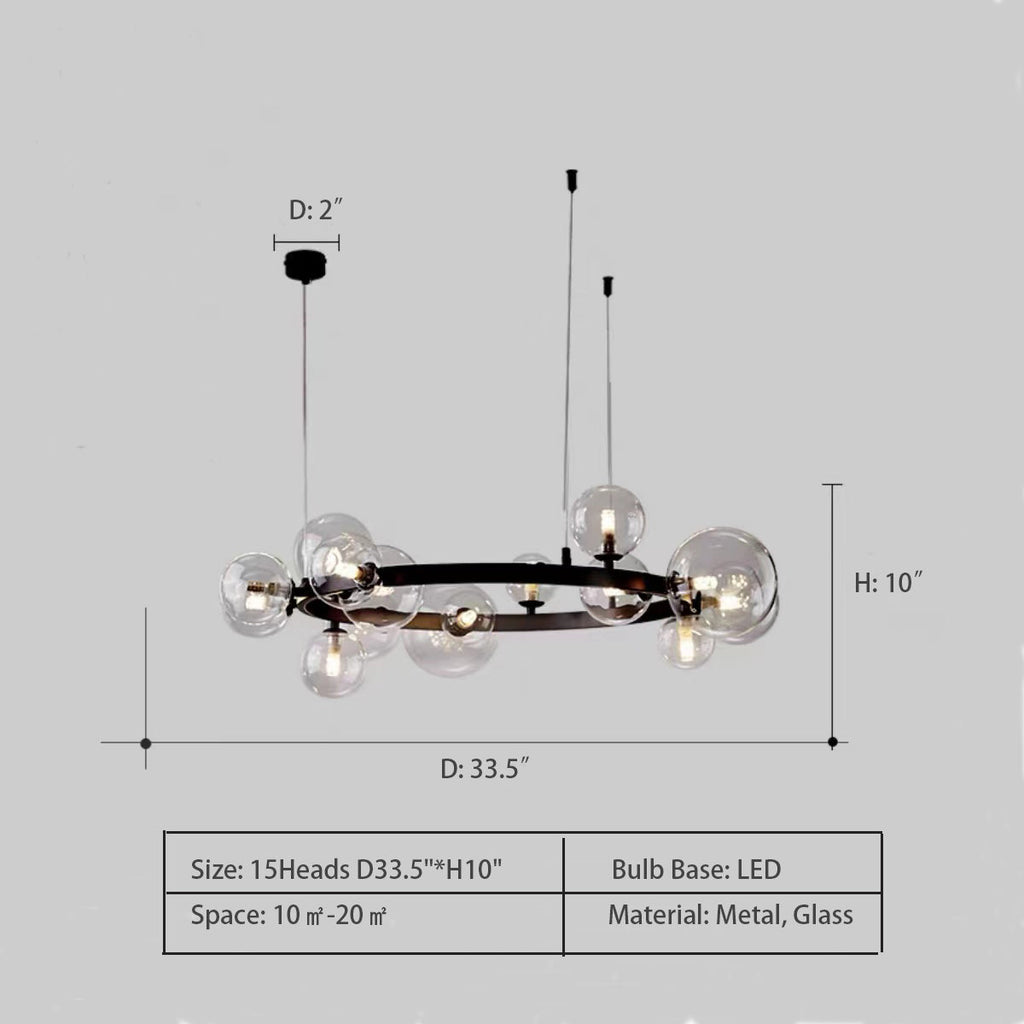 Ring: 15Heads D33.5"*H10.0" chandelier,chandeliers,round,round,linear,glass,black,bubble,nordic,minimalist,living room,dining room,dining table,long table,big table,kitchen island,kitchen bar,oversized,huge,big,long,large,extra large
