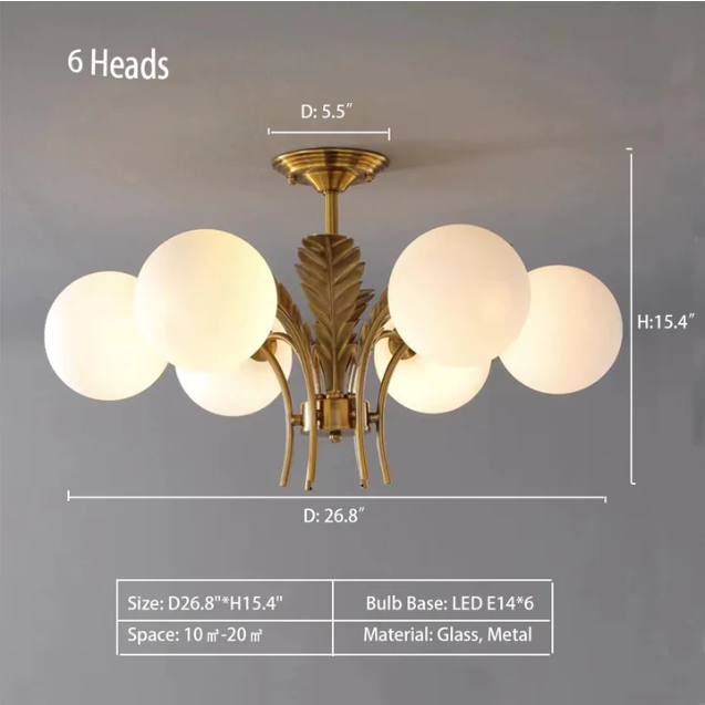 6Heads: D26.8"*H15.4" Sphere Ceiling Light Simplicity White/Pink/Cognac Glass 6-Bulb Drawing Room LED Hanging Chandelier with Leaf Decor,chandelier,chandeliers,chandelier,sphere,round,glass,iron,metal,gold,feather,white,ceiling,bedroom,dining room,living room,entrys,foyer,closet,bathroom,hallway,nordic,modern,minimalist