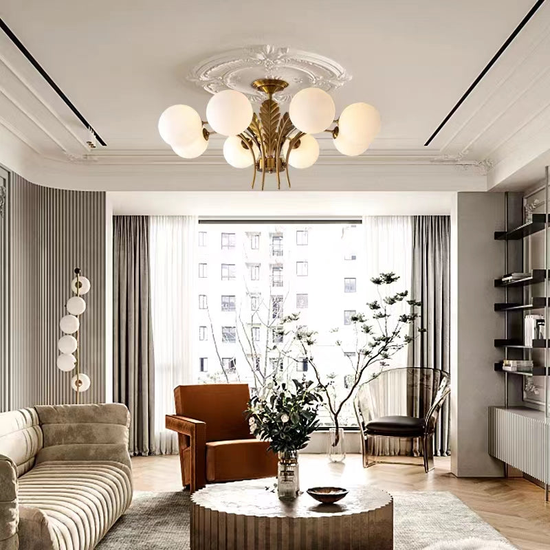 Sphere Ceiling Light Simplicity White/Pink/Cognac Glass 6-Bulb Drawing Room LED Hanging Chandelier with Leaf Decor,chandelier,chandeliers,chandelier,sphere,round,glass,iron,metal,gold,feather,white,ceiling,bedroom,dining room,living room,entrys,foyer,closet,bathroom,hallway,nordic,modern,minimalist