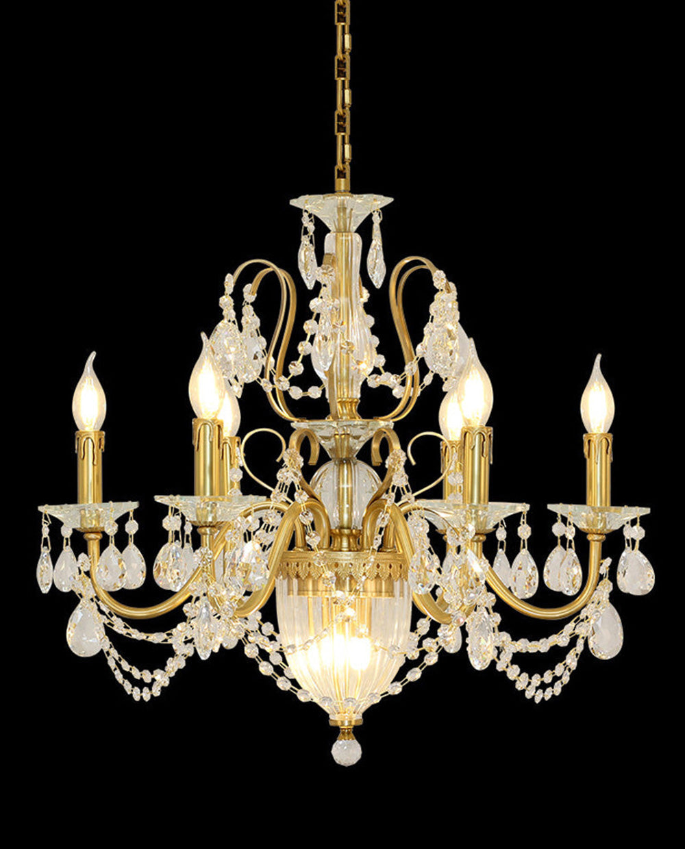 Six Brass Arms Classical Crystal Chandelier Small Gold Chandelier for Bedroom 26X26 Inch-铜灯-Jecanoli
