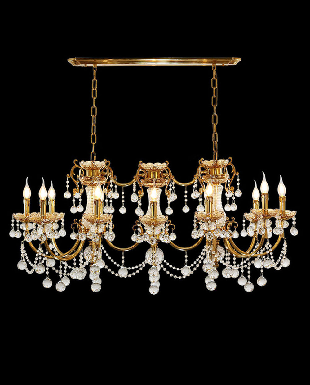 12 Lights 50 Inch Linear Traditional Gold Brass and Crystal Chandelier for Dining Room-铜灯-Jecanoli