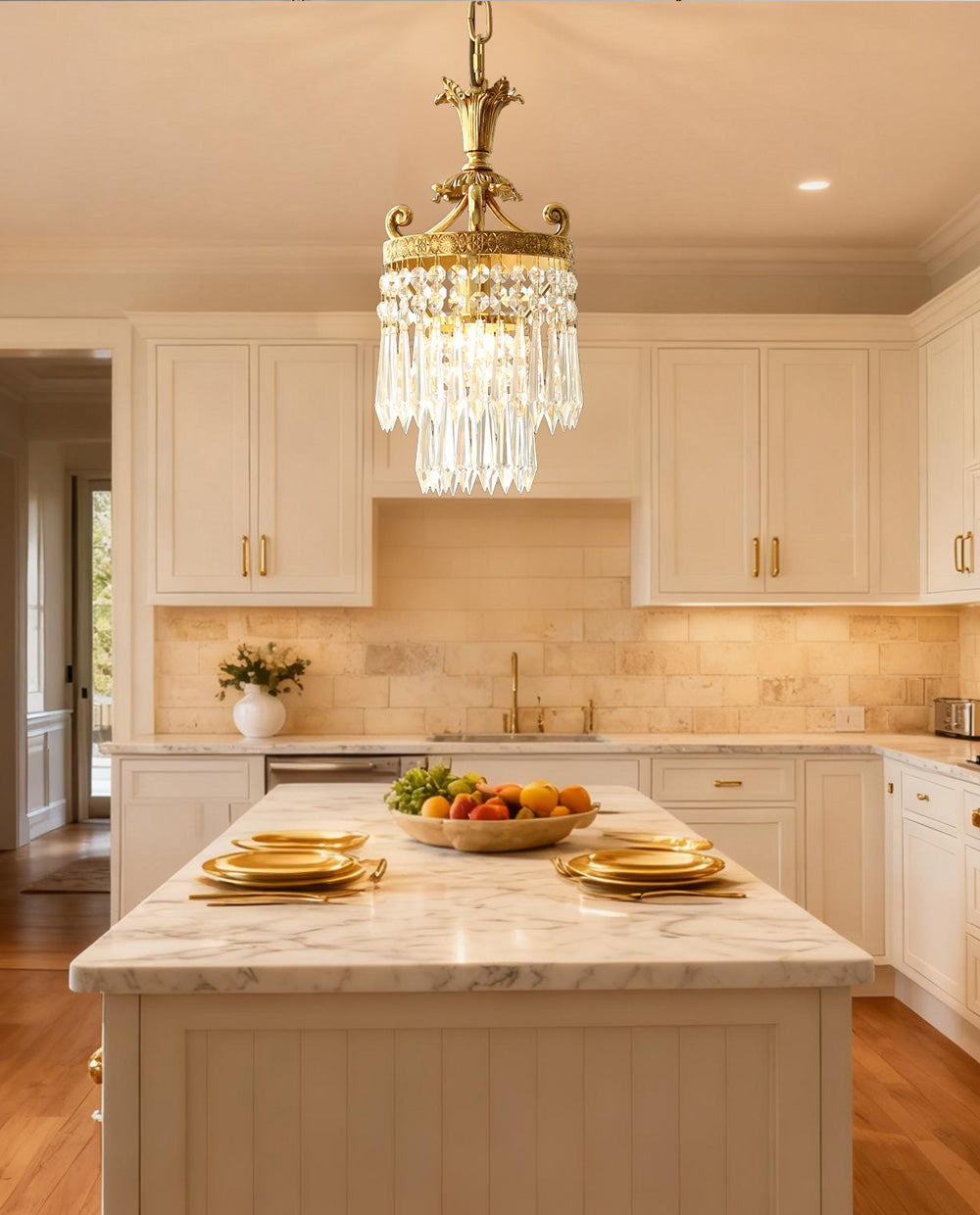 8 Inch Mini Chandelier Antique Brass and Crystal Chandelier for Kitchen-铜灯-Jecanoli