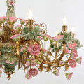 39X28 Inch 10 Lights Brass Chandelier and Green & Pink Porcelain Flower Chandelier-铜灯-Jecanoli