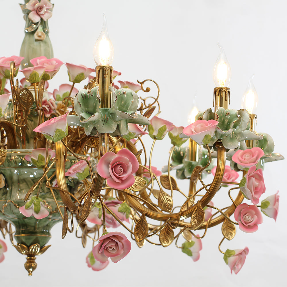 39X28 Inch 10 Lights Brass Chandelier and Green & Pink Porcelain Flower Chandelier-铜灯-Jecanoli
