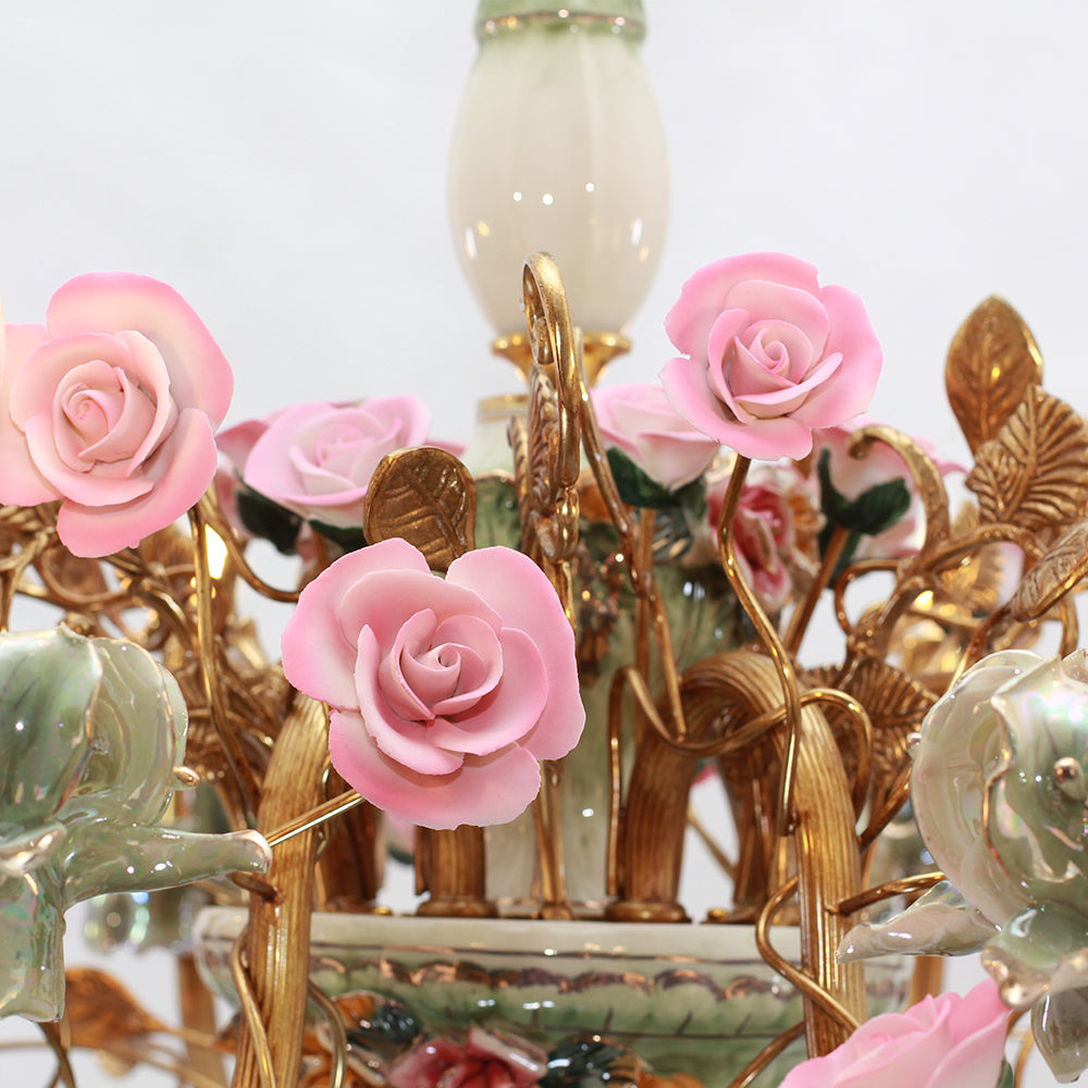 35X24 Inch 8 Lights Brass Chandelier and Green & Pink Porcelain Flower Chandelier-铜灯-Jecanoli