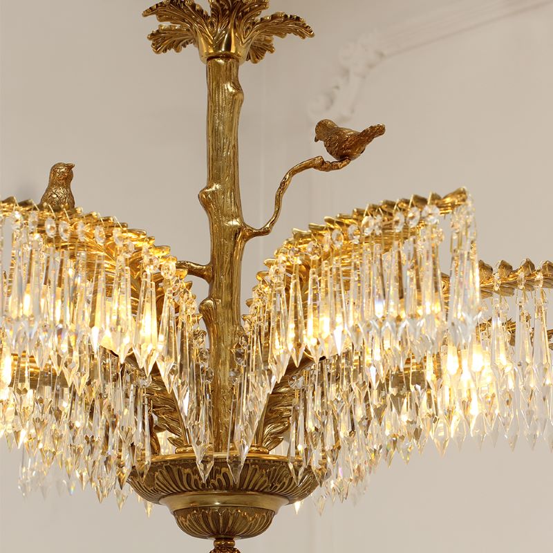 22 Inch Wide 1 Layer Small Brass Palm Tree Crystal Chandelier Light for Bedroom-铜灯-Jecanoli