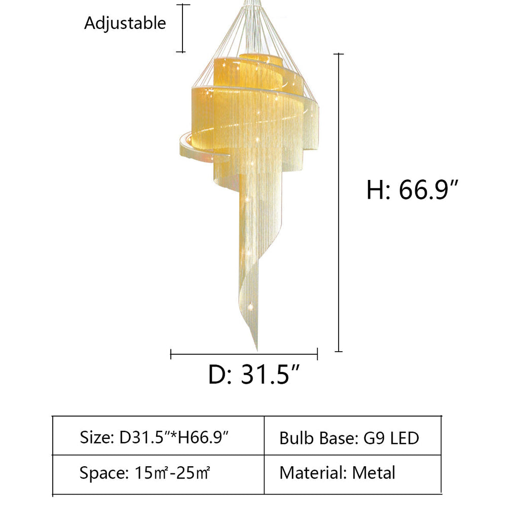 D31.5"*H66.9" chandelier,chandeliers,metal,iron,stainless steel,spiral,tassel,multier,layers,light fixture,two-story foyer,big,huge,oversize,large,stairs,staircase,chrome,gold,silver