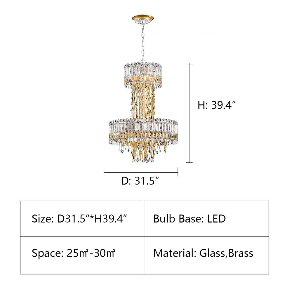D31.5"*H39.4" Triandra Chandelier,chandelier,chandeliers,leaf,leaves,gold,crystal rod,rods,crystal,luxury,empire,two layers,large,oversized,big