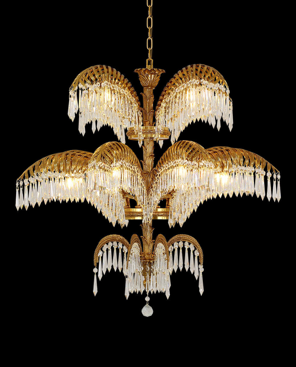 39X35 Inch Wide 3-Layer Big Brass Palm Tree Gold Crystal Chandelier for Entrance/ Foyer-铜灯-Jecanoli