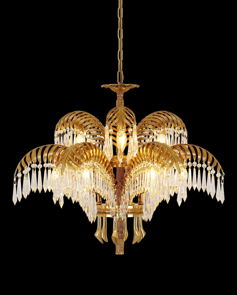 30 Inch Wide 2-Layer Palm Tree Brass and Crystal Chandelier Light-铜灯-Jecanoli
