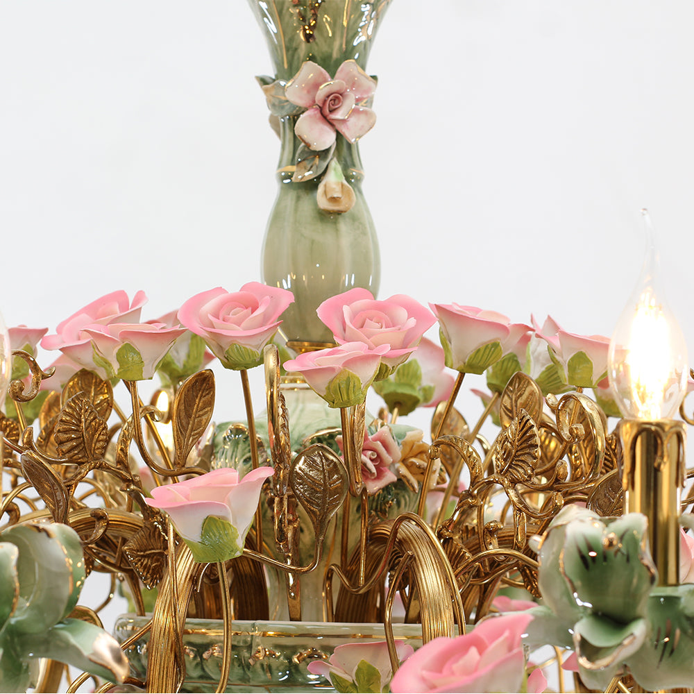 39X28 Inch 10 Lights Brass Chandelier and Green & Pink Porcelain Flower Chandelier-铜灯-Jecanoli