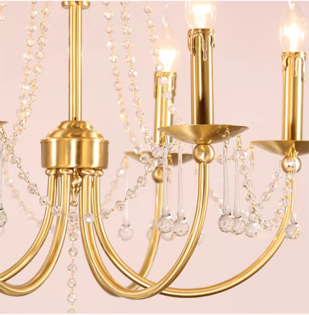 6 Lights Small Traditional Candle Style Brass and Crystal Chain Chandelier for Dining Room-铜灯-Jecanoli