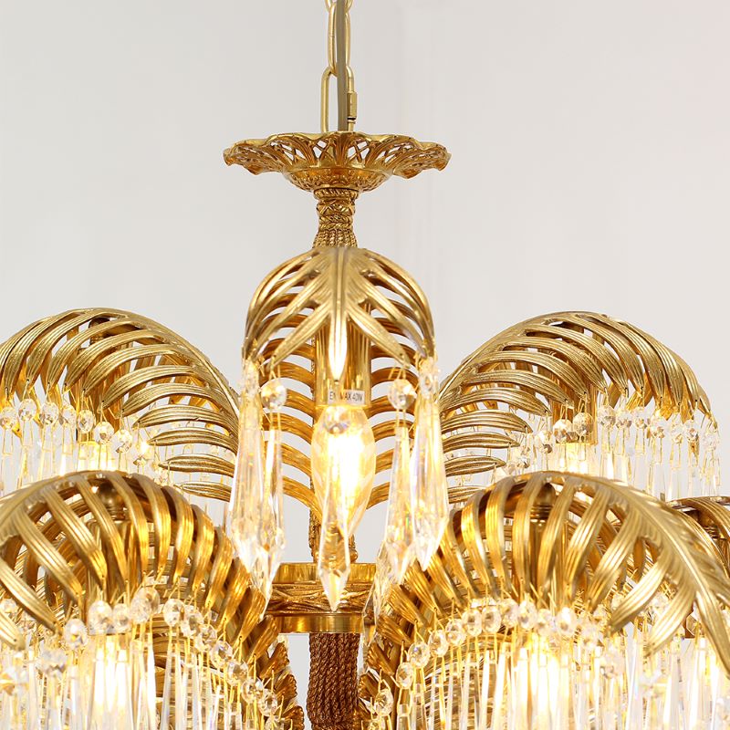 30 Inch Wide 2-Layer Palm Tree Brass and Crystal Chandelier Light-铜灯-Jecanoli