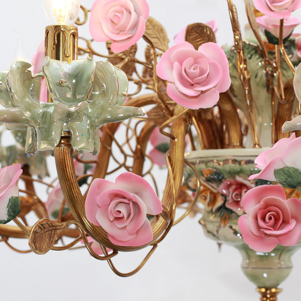 31X24 Inch 6 Lights Brass Chandelier and Green & Pink Porcelain Flower Chandelier-铜灯-Jecanoli