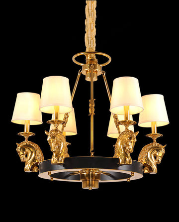 30X28 Inch 6 Lights Rococo Stype Cast Horse Head Antique Copper Chandelier Light-铜灯-Jecanoli