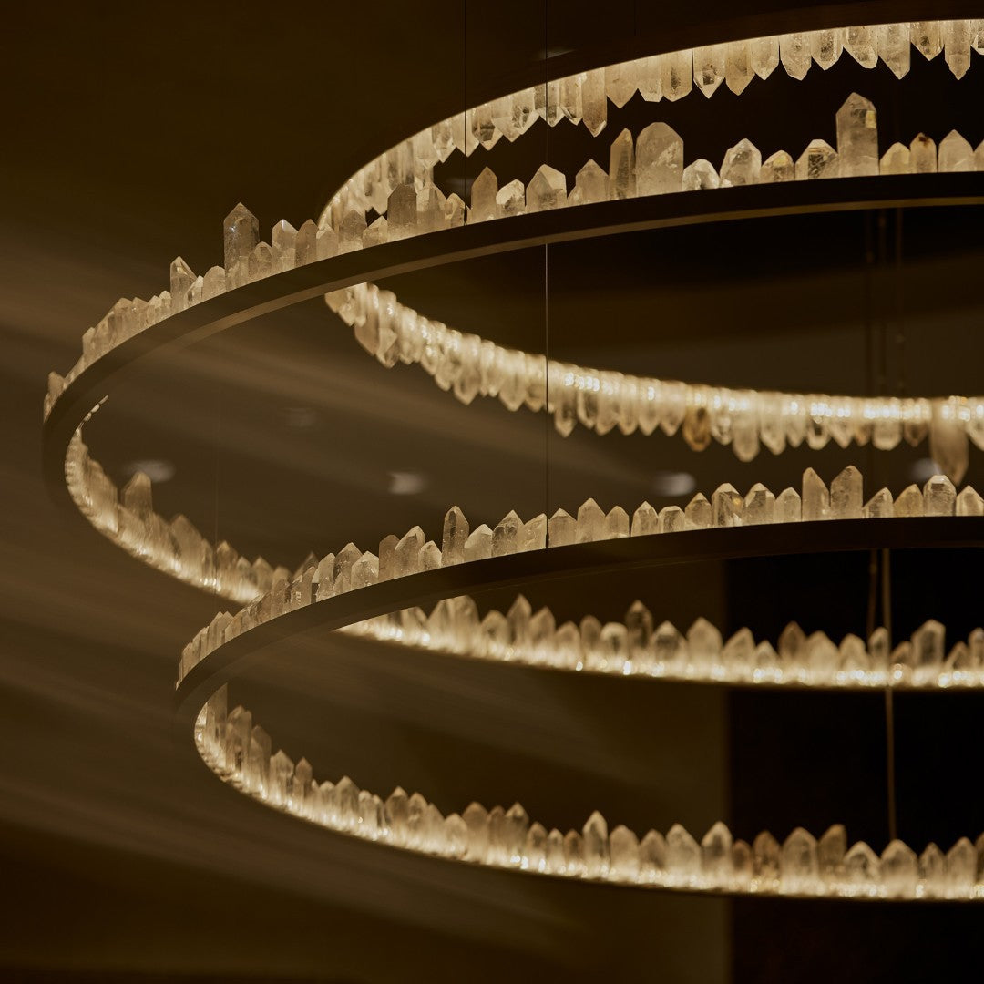 Designer 36 Inch Round Modern Chandelier Brass & Clear Geode Quartz Crystal Hanging Light-Chandelier-Jecanoli