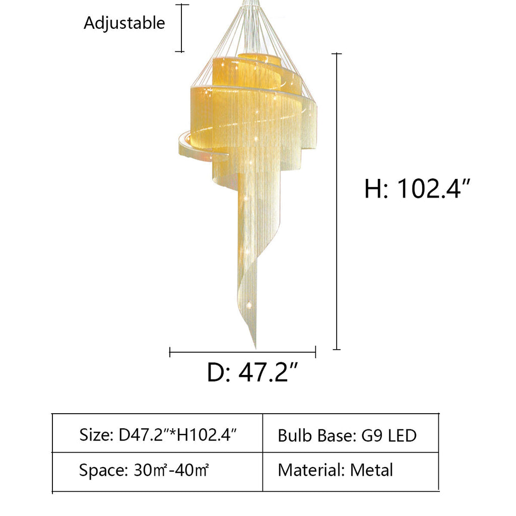 D47.2"*H102.4" chandelier,chandeliers,metal,iron,stainless steel,spiral,tassel,multier,layers,light fixture,two-story foyer,big,huge,oversize,large,stairs,staircase,chrome,gold,silver
