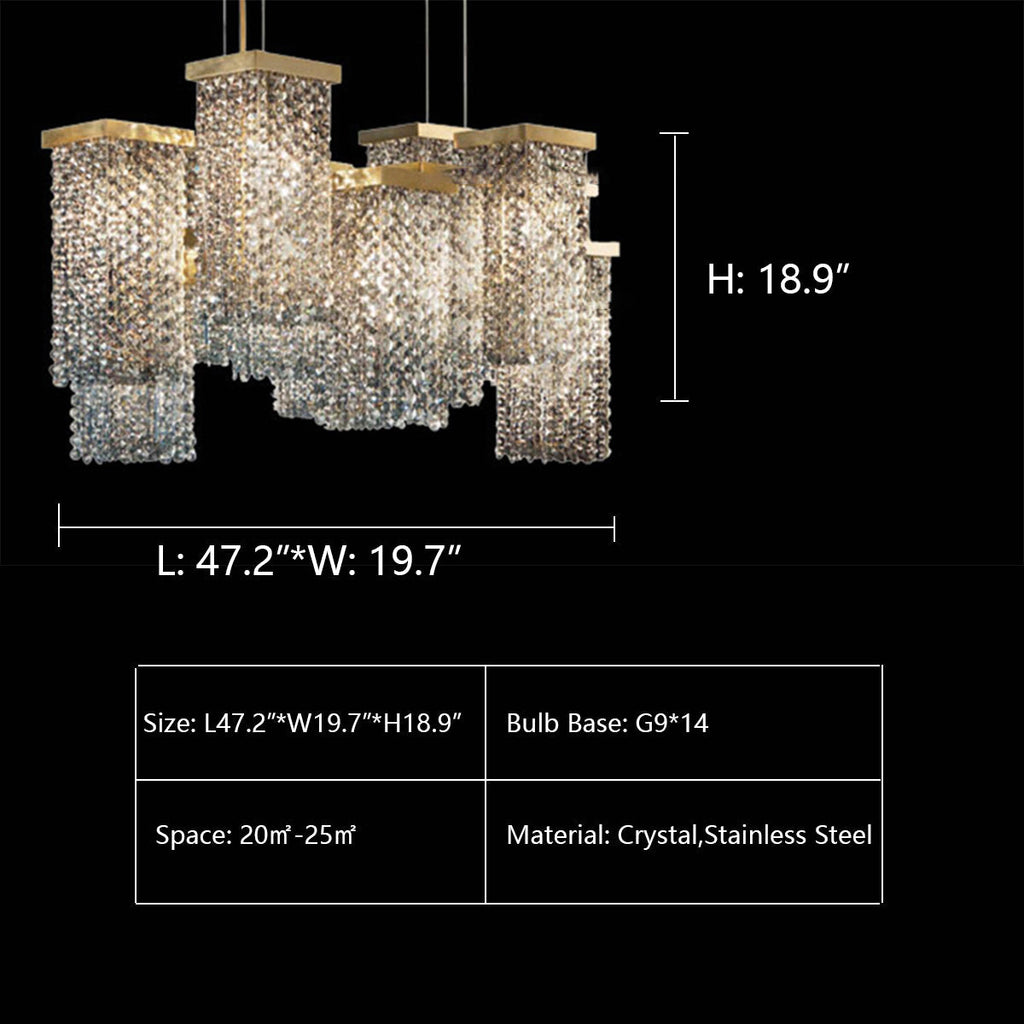 L47.2"*W19.7"*H18.9" chandelier,chandeliers,rectangular,brass,crystal,kitchen island,dining room,living room,dining room chandelier,crystal fixture light,light luxury