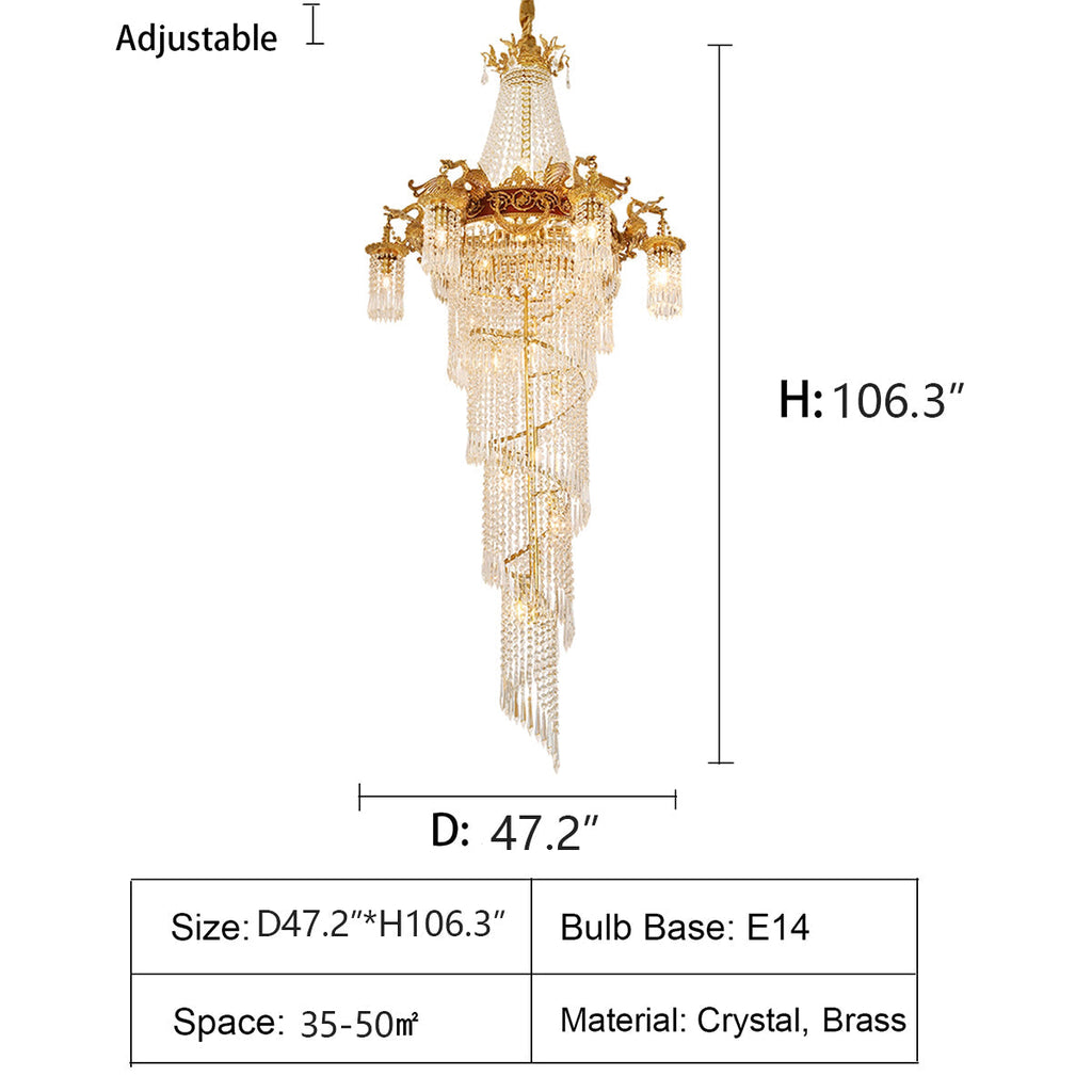 Extra Large Retro Luxury Full Copper Crystal Chandelier for Staircase/ Duplexes/ Villas